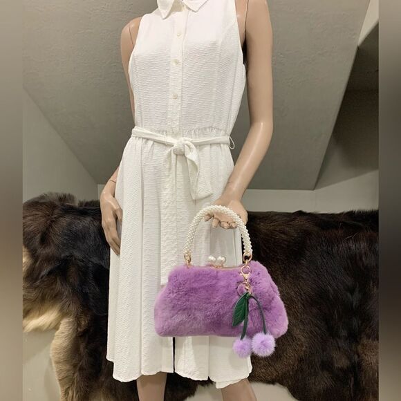 Handmade Real Rex Rabbit Fur Kisslock Wristlet/Crossbody & Mink Fur Bag Charm - Picture 2 of 16